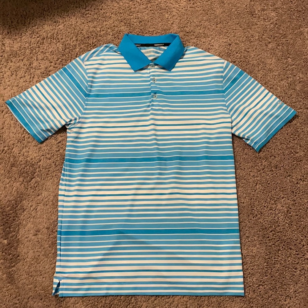 Medium Nike Blue and White Stripe Golf Polo